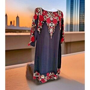 JM Collection Dress M Black/Red Embellished Floral Print Sheath 3/4 Sleeve NWT